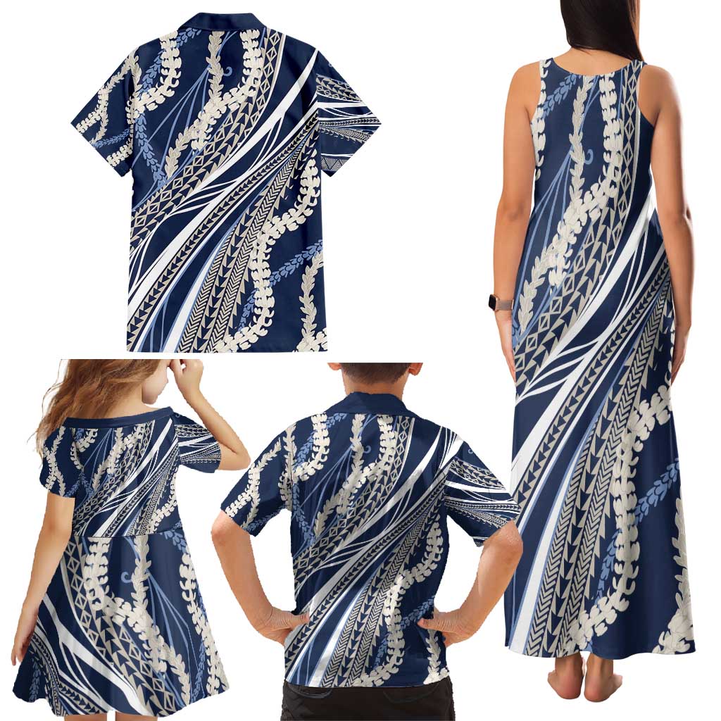 Polynesian Puakeniken Pikake Twisted Lei Family Matching Tank Maxi Dress and Hawaiian Shirt Navy Blue - Polynesian Pride