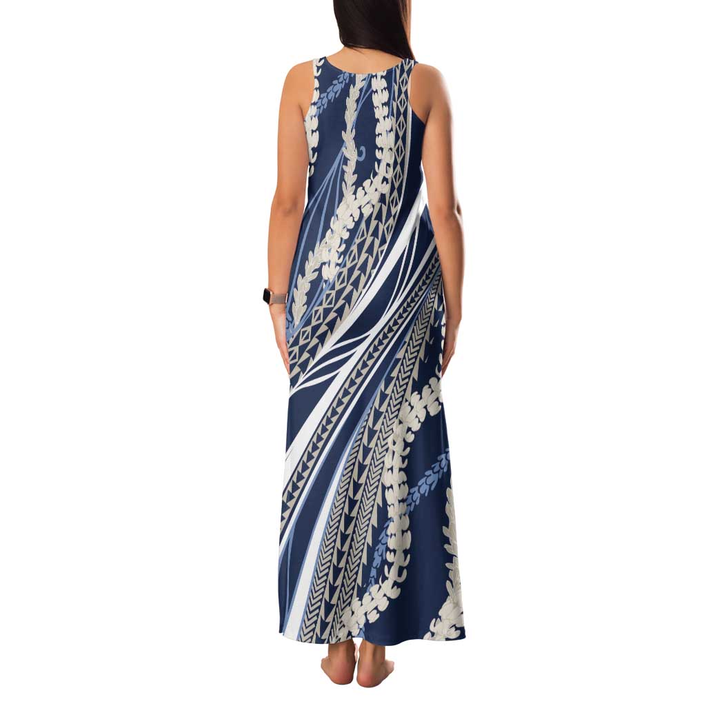 Polynesian Puakeniken Pikake Twisted Lei Family Matching Tank Maxi Dress and Hawaiian Shirt Navy Blue - Polynesian Pride