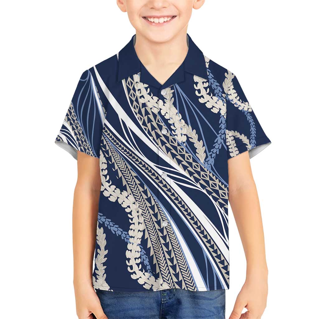 Polynesian Puakeniken Pikake Twisted Lei Family Matching Tank Maxi Dress and Hawaiian Shirt Navy Blue - Polynesian Pride