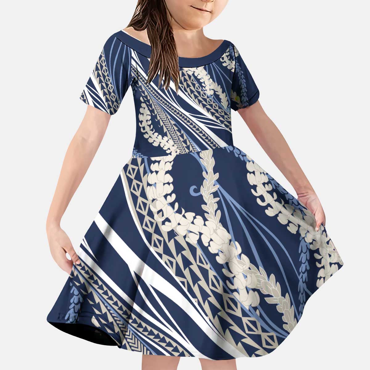 Polynesian Puakeniken Pikake Twisted Lei Kid Short Sleeve Dress Navy Blue LT7 KID Navy Blue - Polynesian Pride