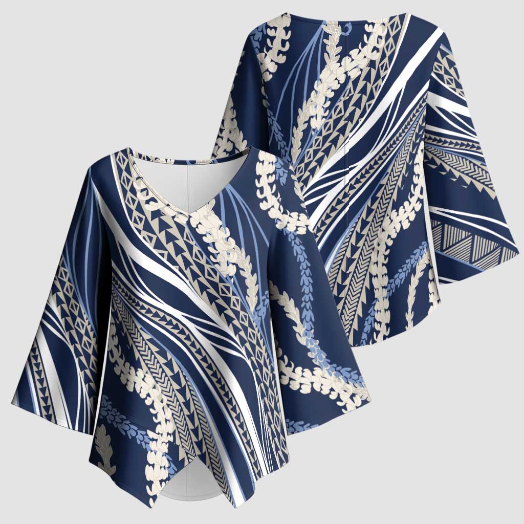 Polynesian Puakeniken Pikake Twisted Lei Kimono Sleeve Blouse Navy Blue LT7 - Polynesian Pride