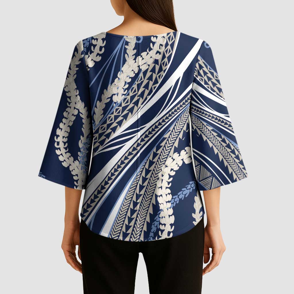 Polynesian Puakeniken Pikake Twisted Lei Kimono Sleeve Blouse Navy Blue LT7 - Polynesian Pride