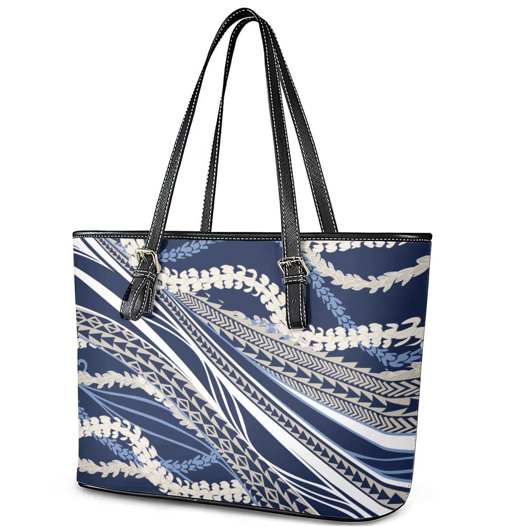 Polynesian Puakeniken Pikake Twisted Lei Leather Tote Bag Navy Blue - Polynesian Pride