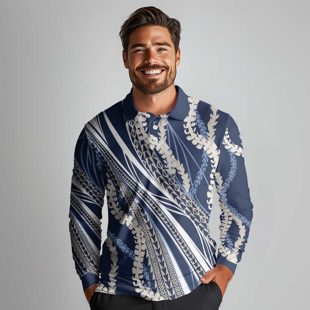 Polynesian Puakeniken Pikake Twisted Lei Long Sleeve Polo Shirt Navy Blue LT7 - Polynesian Pride