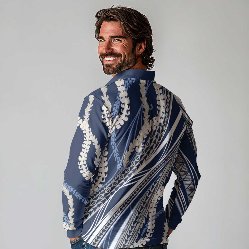 Polynesian Puakeniken Pikake Twisted Lei Long Sleeve Polo Shirt Navy Blue LT7 - Polynesian Pride