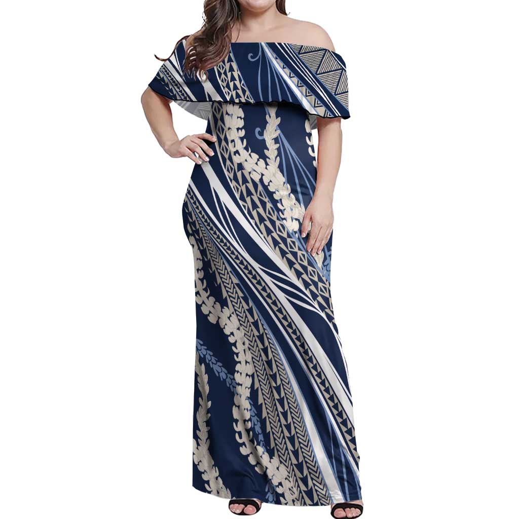 Polynesian Puakeniken Pikake Twisted Lei Off Shoulder Maxi Dress Navy Blue LT7 Women Navy Blue - Polynesian Pride