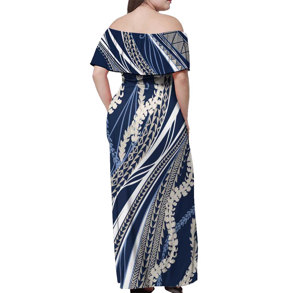 Polynesian Puakeniken Pikake Twisted Lei Off Shoulder Maxi Dress Navy Blue LT7 - Polynesian Pride