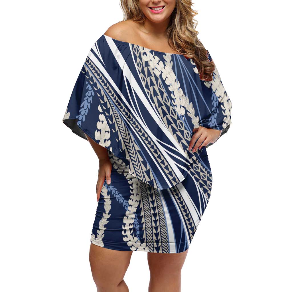 Polynesian Puakeniken Pikake Twisted Lei Off Shoulder Short Dress Navy Blue LT7 Women Navy Blue - Polynesian Pride