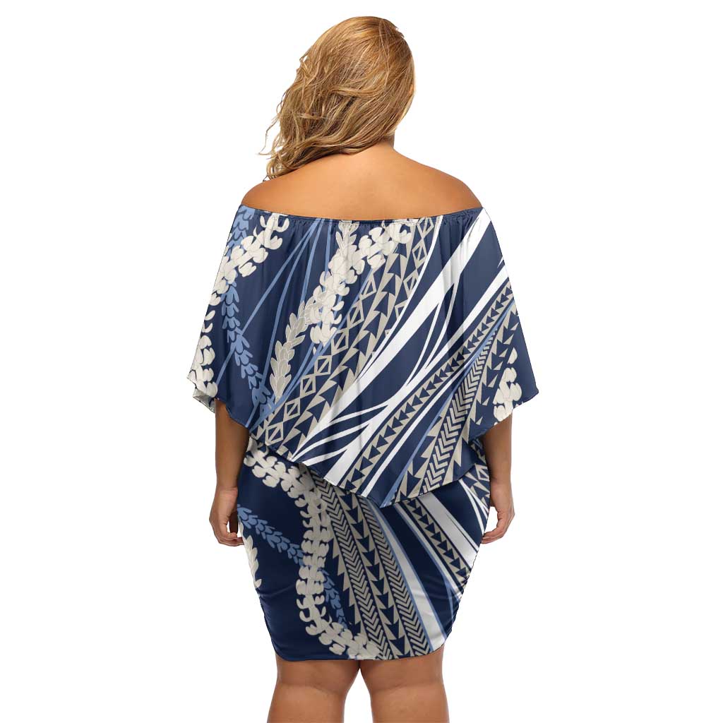 Polynesian Puakeniken Pikake Twisted Lei Off Shoulder Short Dress Navy Blue LT7 - Polynesian Pride