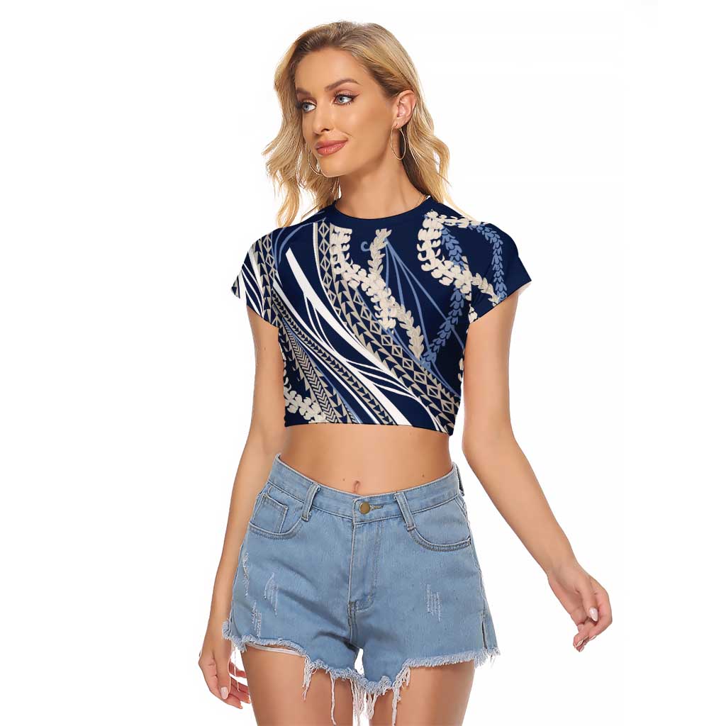 Polynesian Puakeniken Pikake Twisted Lei Raglan Cropped T Shirt Navy Blue LT7 Female Navy Blue - Polynesian Pride
