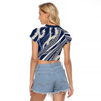 Polynesian Puakeniken Pikake Twisted Lei Raglan Cropped T Shirt Navy Blue LT7 - Polynesian Pride