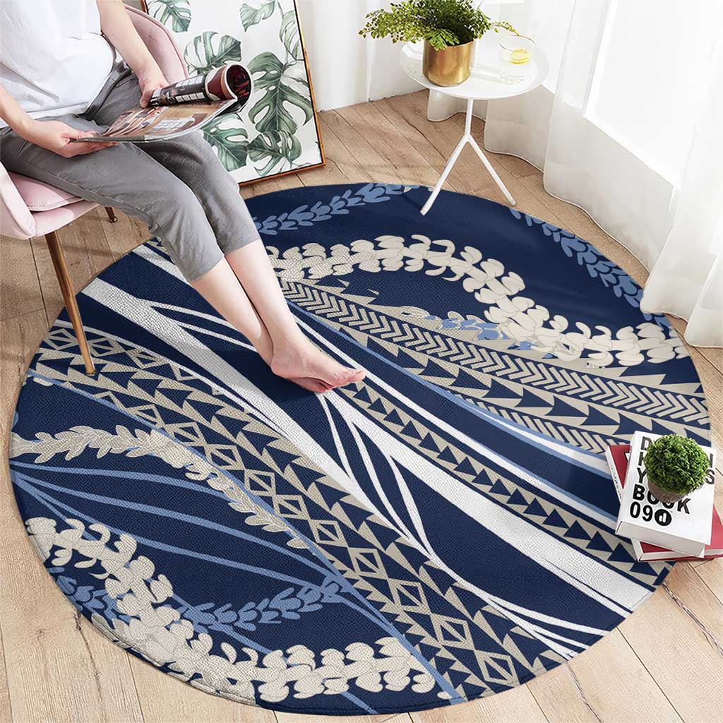 Polynesian Puakeniken Pikake Twisted Lei Round Carpet Navy Blue - Polynesian Pride