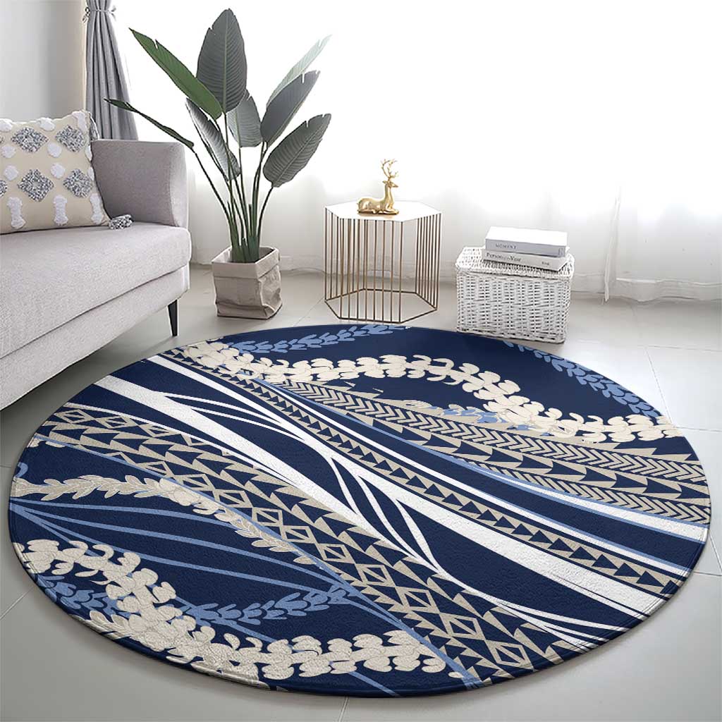 Polynesian Puakeniken Pikake Twisted Lei Round Carpet Navy Blue - Polynesian Pride