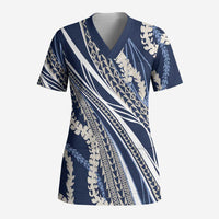 Polynesian Puakeniken Pikake Twisted Lei Scrub Top Navy Blue LT7 Adult Navy Blue - Polynesian Pride