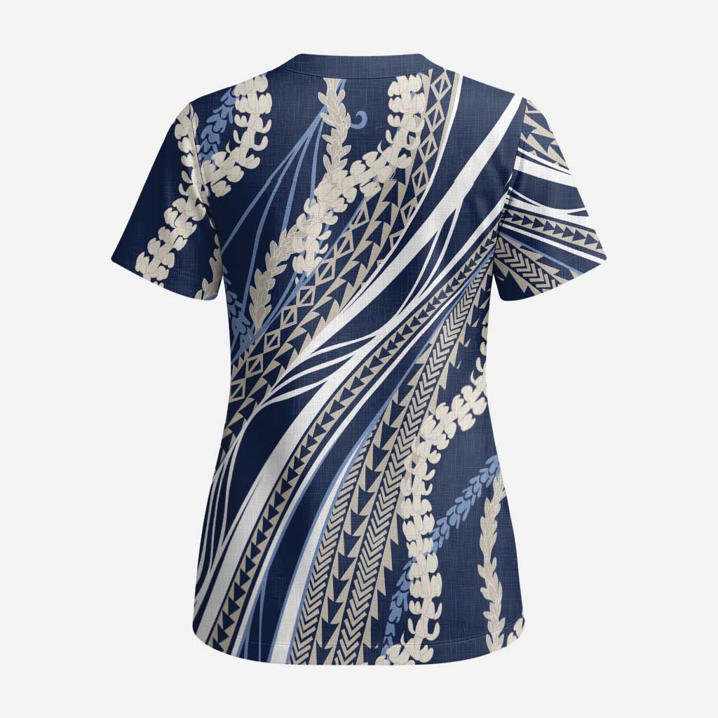 Polynesian Puakeniken Pikake Twisted Lei Scrub Top Navy Blue LT7 - Polynesian Pride