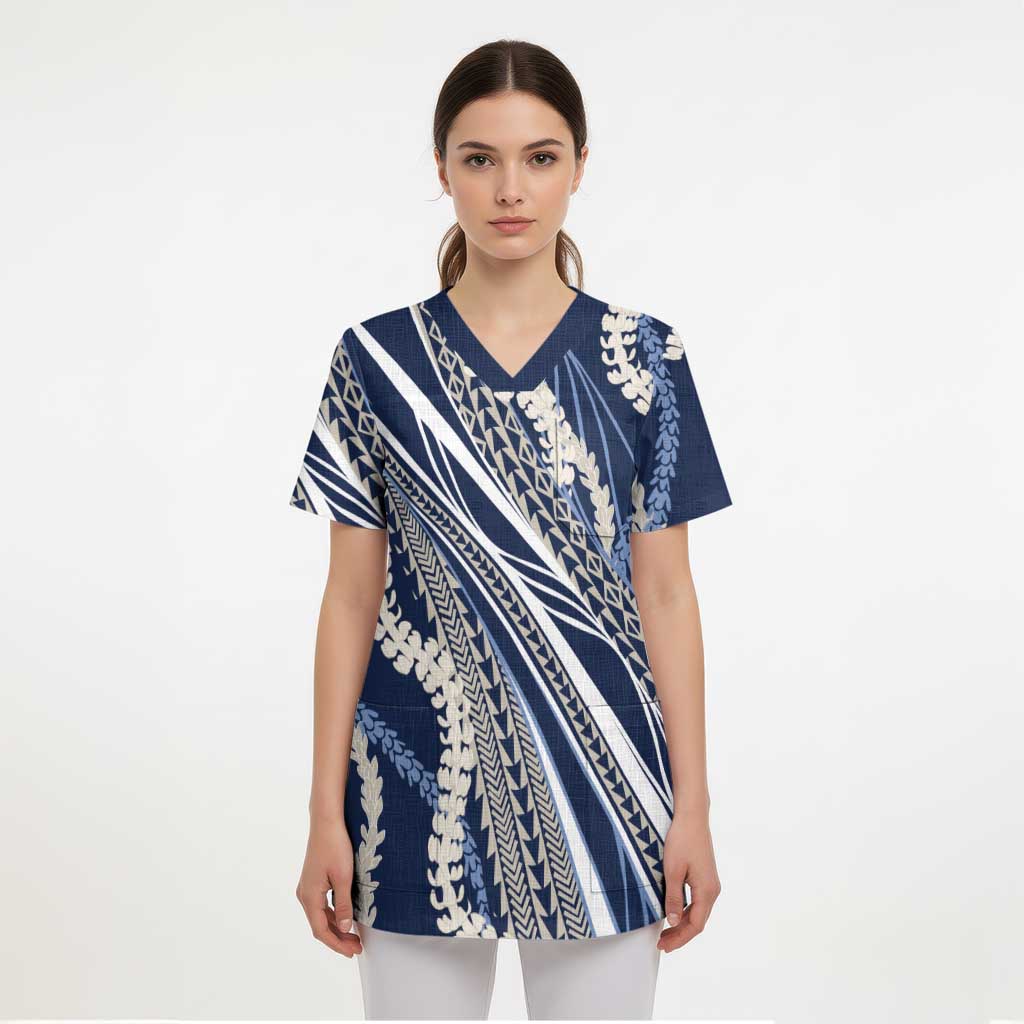 Polynesian Puakeniken Pikake Twisted Lei Scrub Top Navy Blue LT7 - Polynesian Pride