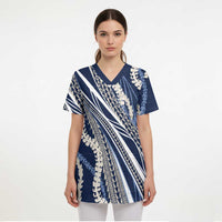 Polynesian Puakeniken Pikake Twisted Lei Scrub Top Navy Blue LT7 - Polynesian Pride