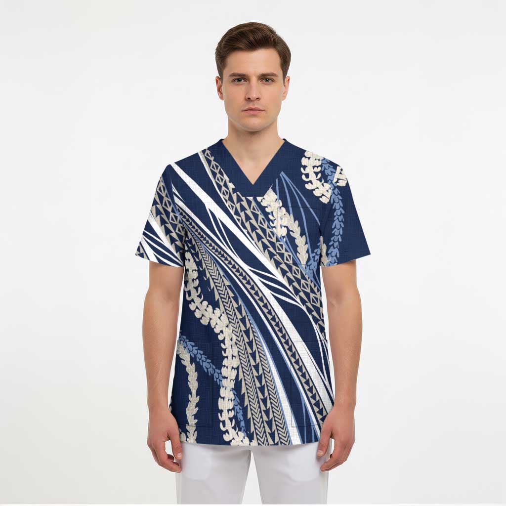 Polynesian Puakeniken Pikake Twisted Lei Scrub Top Navy Blue LT7 - Polynesian Pride