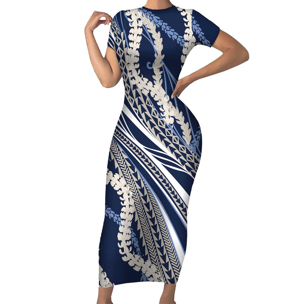 Polynesian Puakeniken Pikake Twisted Lei Short Sleeve Bodycon Dress Navy Blue - Polynesian Pride