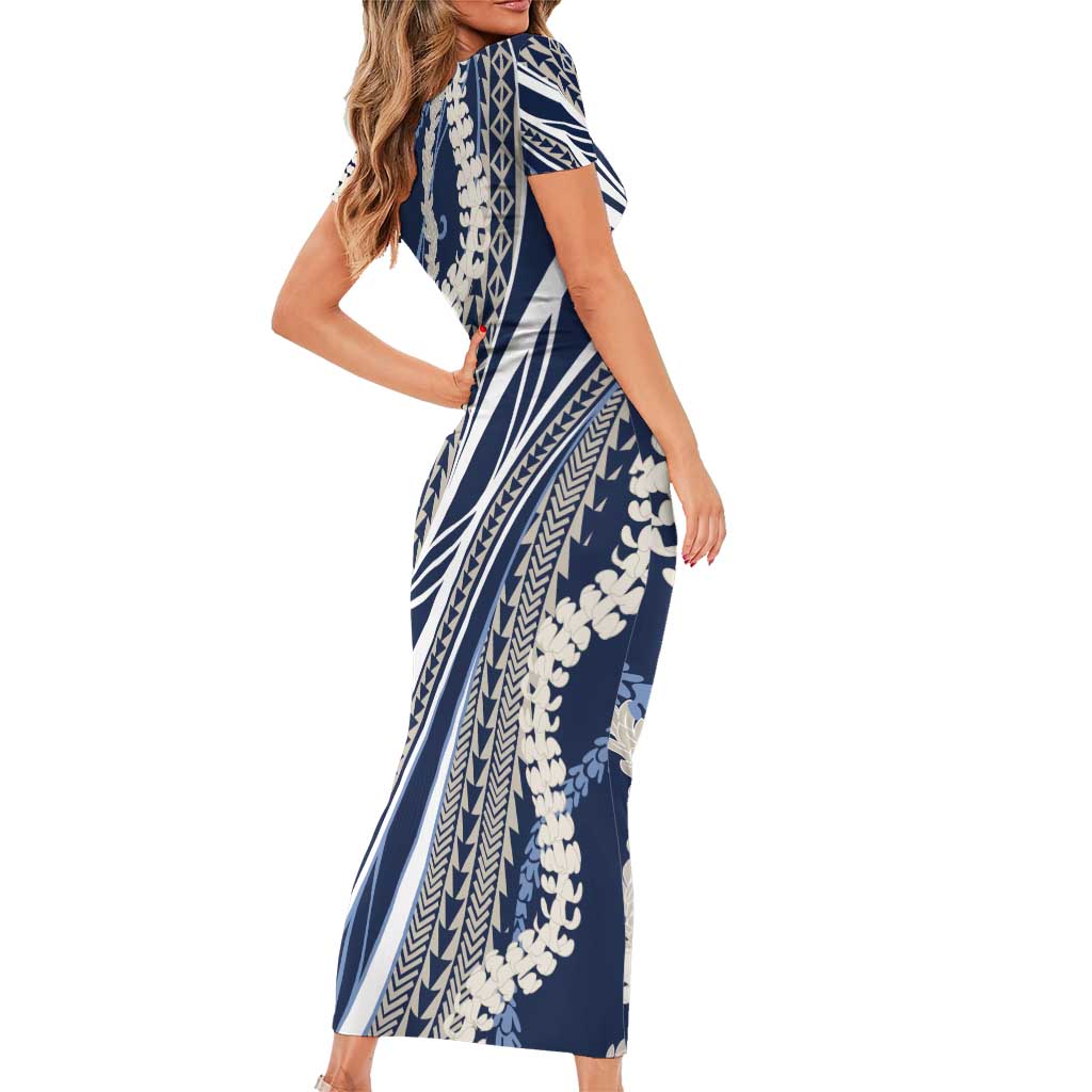 Polynesian Puakeniken Pikake Twisted Lei Short Sleeve Bodycon Dress Navy Blue - Polynesian Pride