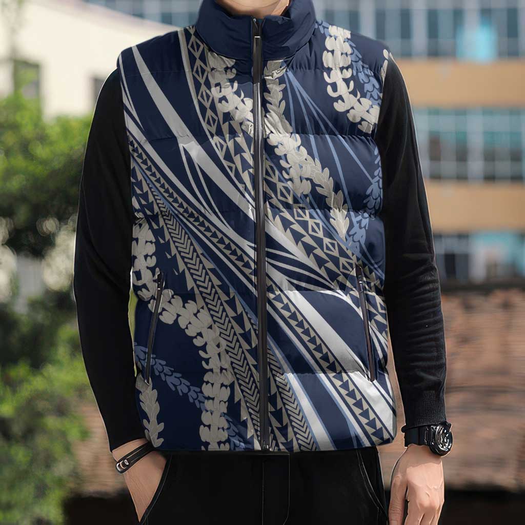 Polynesian Puakeniken Pikake Twisted Lei Sleeveless Puffer Jacket Navy Blue LT7 - Polynesian Pride