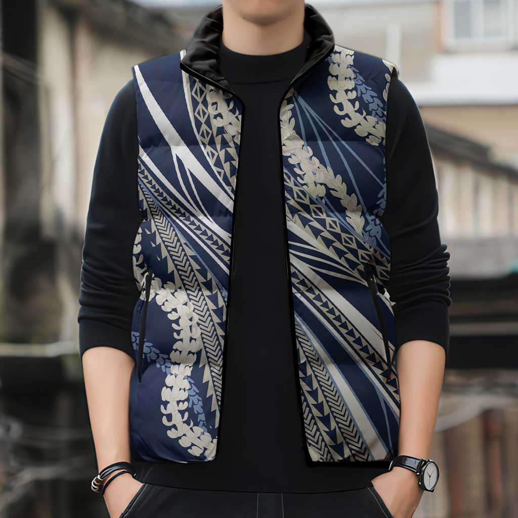 Polynesian Puakeniken Pikake Twisted Lei Sleeveless Puffer Jacket Navy Blue LT7 - Polynesian Pride