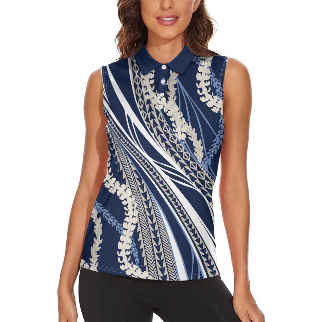Polynesian Puakeniken Pikake Twisted Lei Women Sleeveless Polo Shirt Navy Blue LT7 - Polynesian Pride