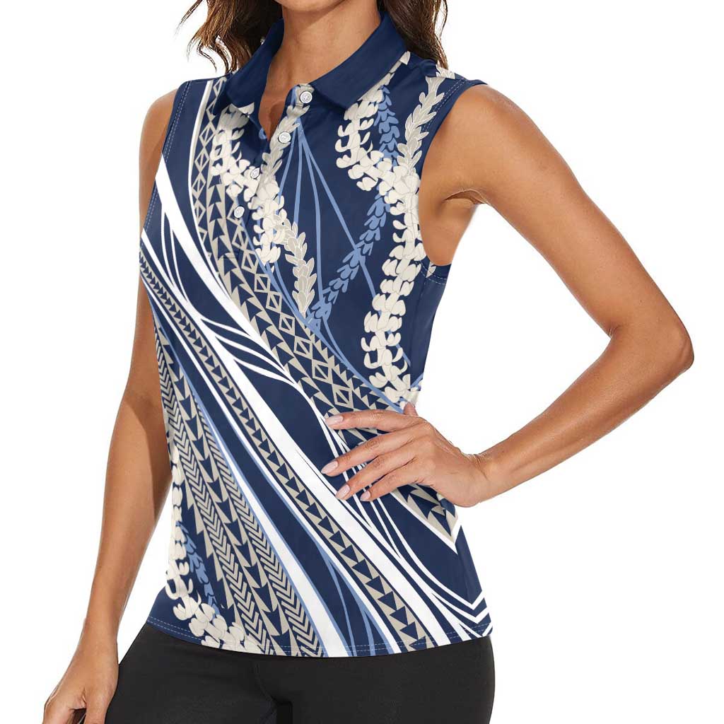 Polynesian Puakeniken Pikake Twisted Lei Women Sleeveless Polo Shirt Navy Blue LT7 - Polynesian Pride