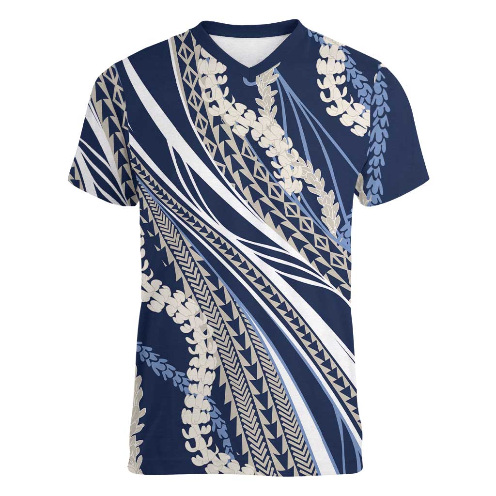 Polynesian Puakeniken Pikake Twisted Lei Women V-Neck T-Shirt Navy Blue LT7 Female Navy Blue - Polynesian Pride
