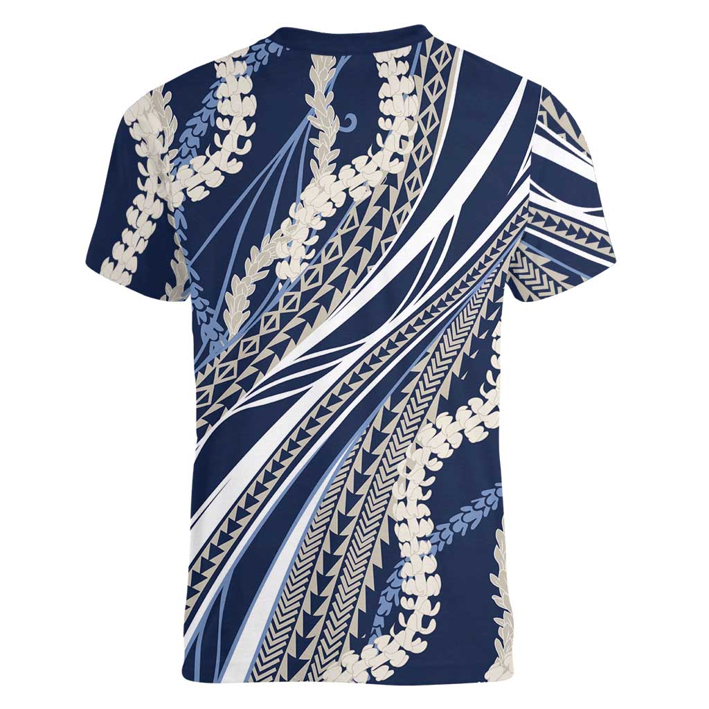 Polynesian Puakeniken Pikake Twisted Lei Women V-Neck T-Shirt Navy Blue LT7 - Polynesian Pride