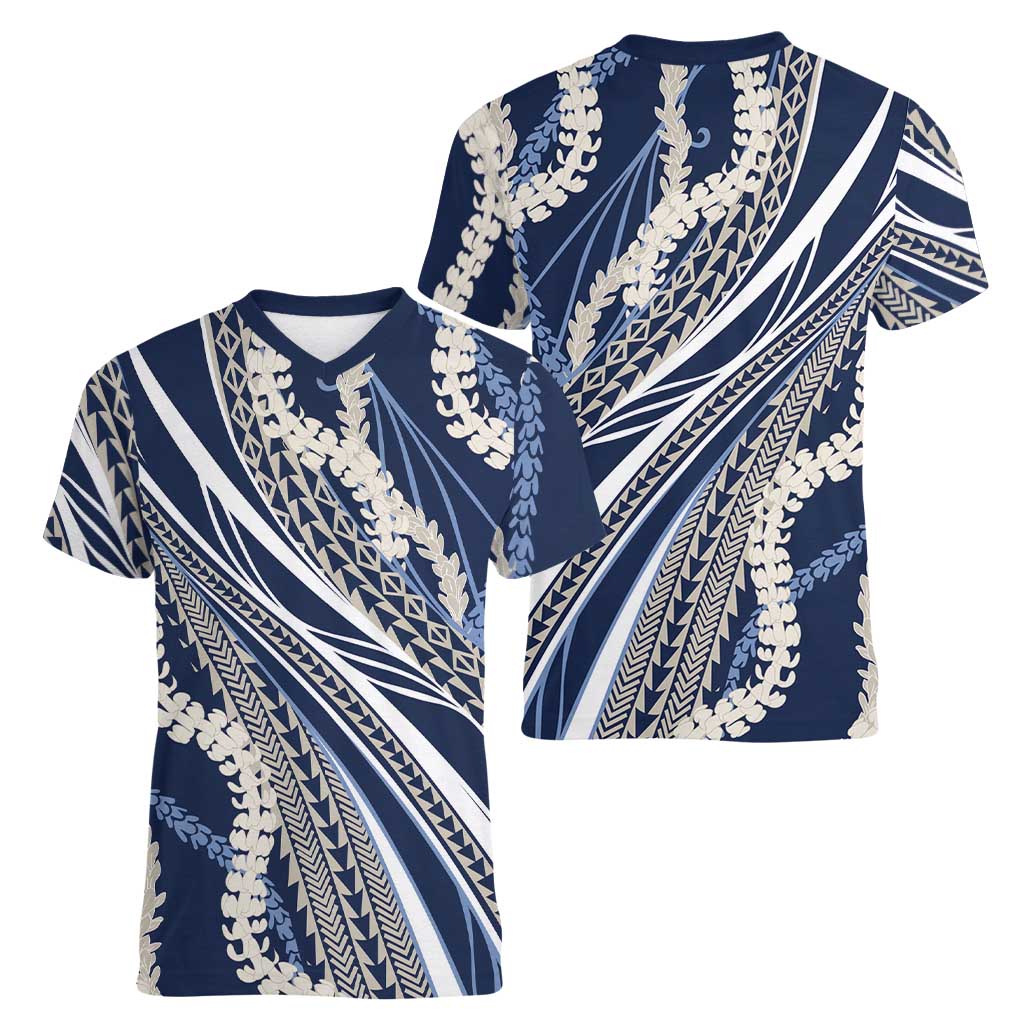 Polynesian Puakeniken Pikake Twisted Lei Women V-Neck T-Shirt Navy Blue LT7 - Polynesian Pride