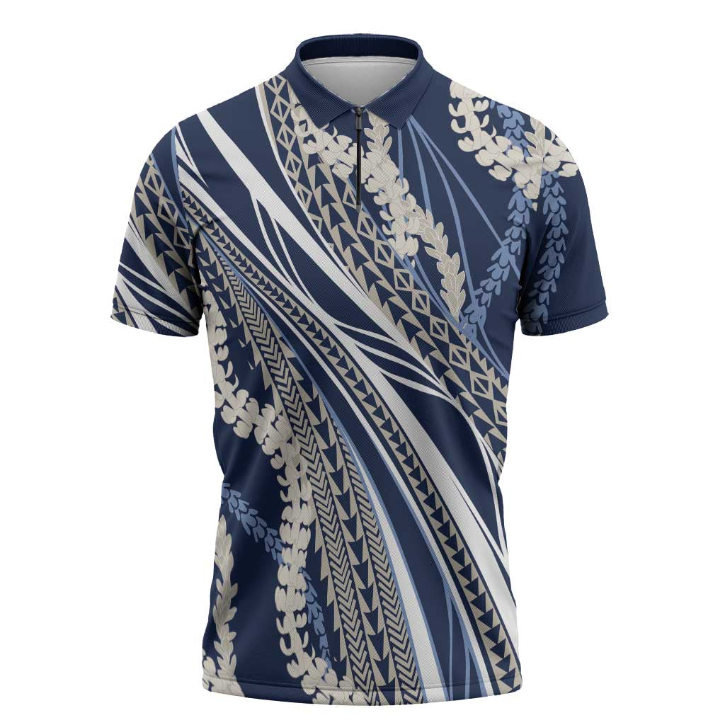 Polynesian Puakeniken Pikake Twisted Lei Zipper Polo Shirt Navy Blue LT7 Navy Blue - Polynesian Pride