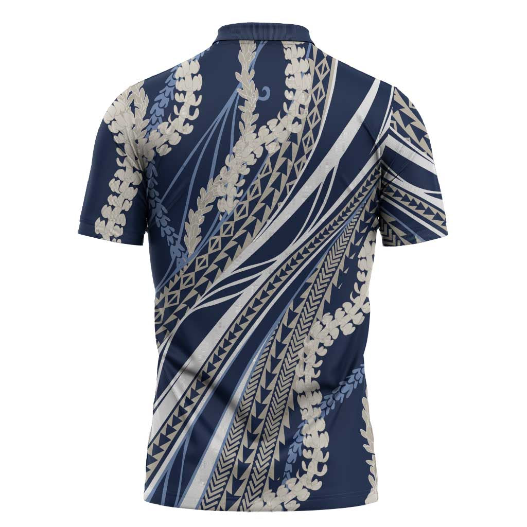 Polynesian Puakeniken Pikake Twisted Lei Zipper Polo Shirt Navy Blue LT7 - Polynesian Pride