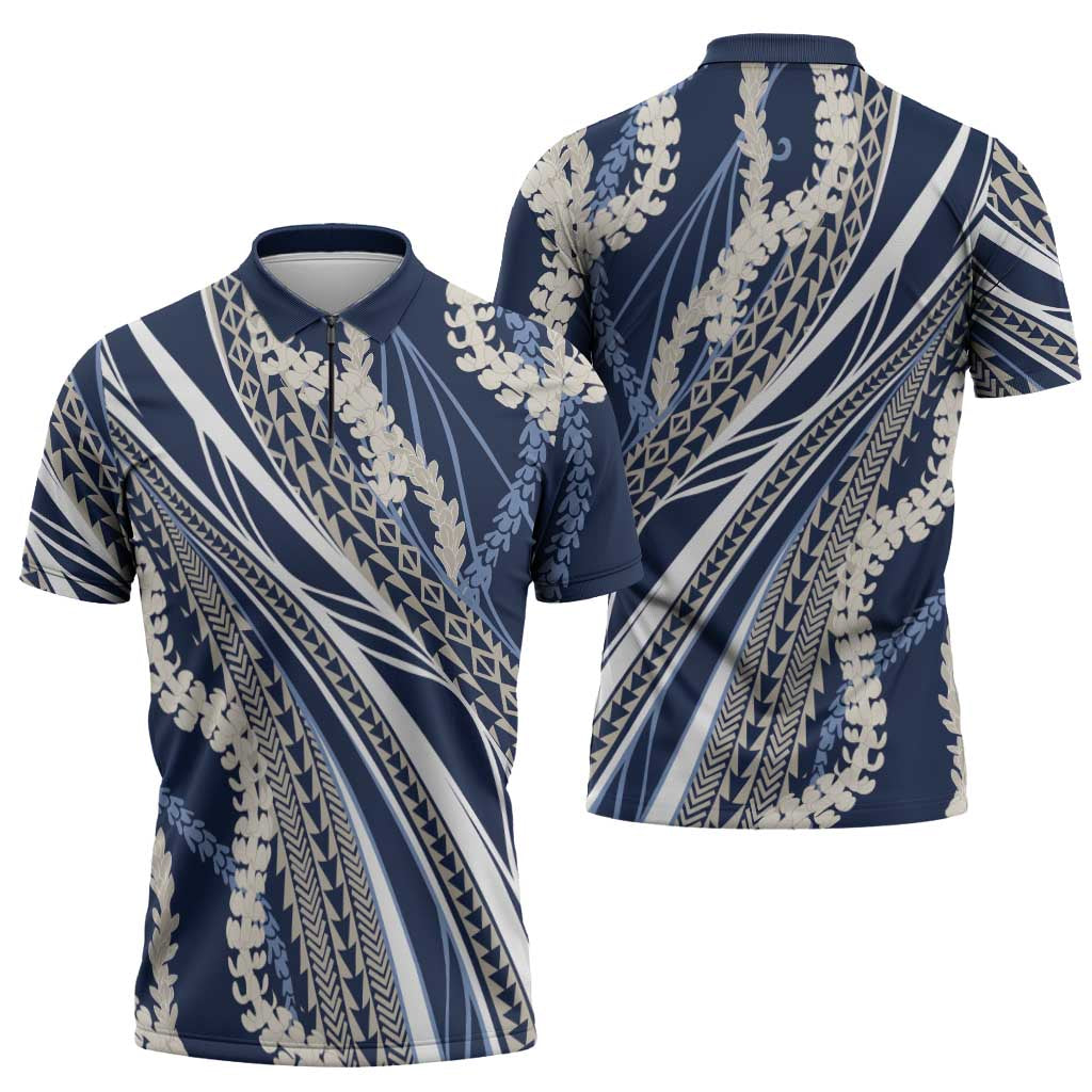 Polynesian Puakeniken Pikake Twisted Lei Zipper Polo Shirt Navy Blue LT7 - Polynesian Pride