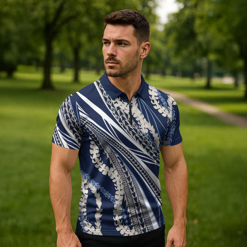 Polynesian Puakeniken Pikake Twisted Lei Zipper Polo Shirt Navy Blue LT7 - Polynesian Pride