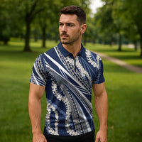 Polynesian Puakeniken Pikake Twisted Lei Zipper Polo Shirt Navy Blue LT7 - Polynesian Pride