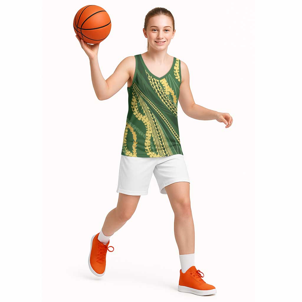 Polynesian Puakeniken Pikake Twisted Lei Basketball Jersey Emerald LT7 - Polynesian Pride