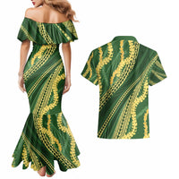 Polynesian Puakeniken Pikake Twisted Lei Couples Matching Mermaid Dress and Hawaiian Shirt Emerald - Polynesian Pride