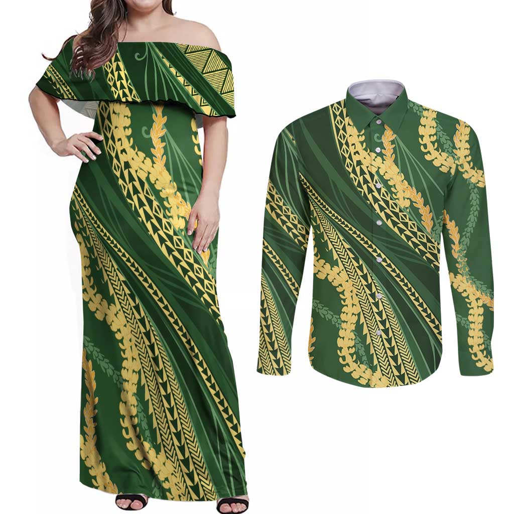 Polynesian Puakeniken Pikake Twisted Lei Couples Matching Off Shoulder Maxi Dress and Long Sleeve Button Shirt Emerald LT7 Emerald - Polynesian Pride