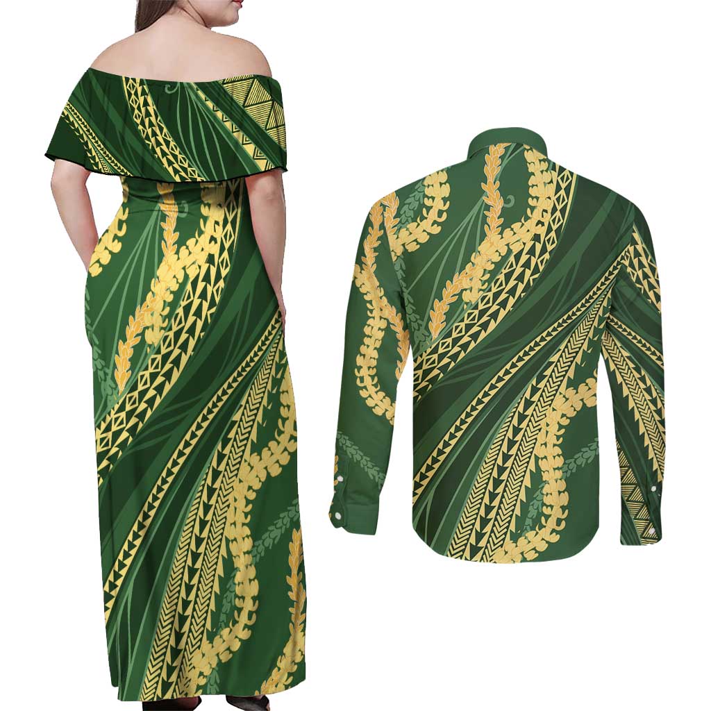 Polynesian Puakeniken Pikake Twisted Lei Couples Matching Off Shoulder Maxi Dress and Long Sleeve Button Shirt Emerald LT7 - Polynesian Pride