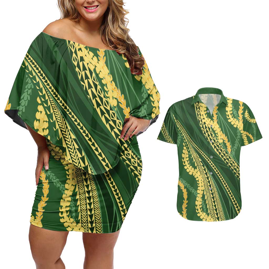 Polynesian Puakeniken Pikake Twisted Lei Couples Matching Off Shoulder Short Dress and Hawaiian Shirt Emerald - Polynesian Pride