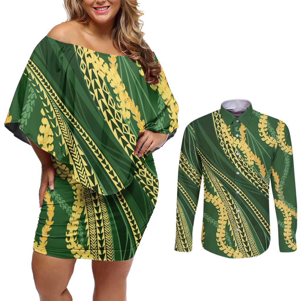 Polynesian Puakeniken Pikake Twisted Lei Couples Matching Off Shoulder Short Dress and Long Sleeve Button Shirt Emerald - Polynesian Pride