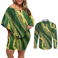 Polynesian Puakeniken Pikake Twisted Lei Couples Matching Off Shoulder Short Dress and Long Sleeve Button Shirt Emerald - Polynesian Pride