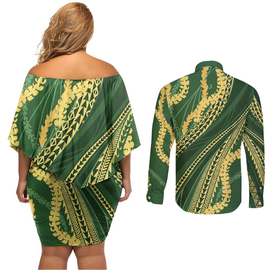 Polynesian Puakeniken Pikake Twisted Lei Couples Matching Off Shoulder Short Dress and Long Sleeve Button Shirt Emerald - Polynesian Pride