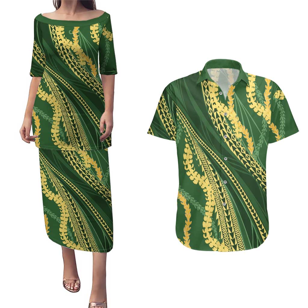Polynesian Puakeniken Pikake Twisted Lei Couples Matching Puletasi and Hawaiian Shirt Emerald LT7 Emerald - Polynesian Pride