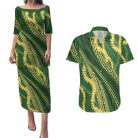 Polynesian Puakeniken Pikake Twisted Lei Couples Matching Puletasi and Hawaiian Shirt Emerald LT7 Emerald - Polynesian Pride