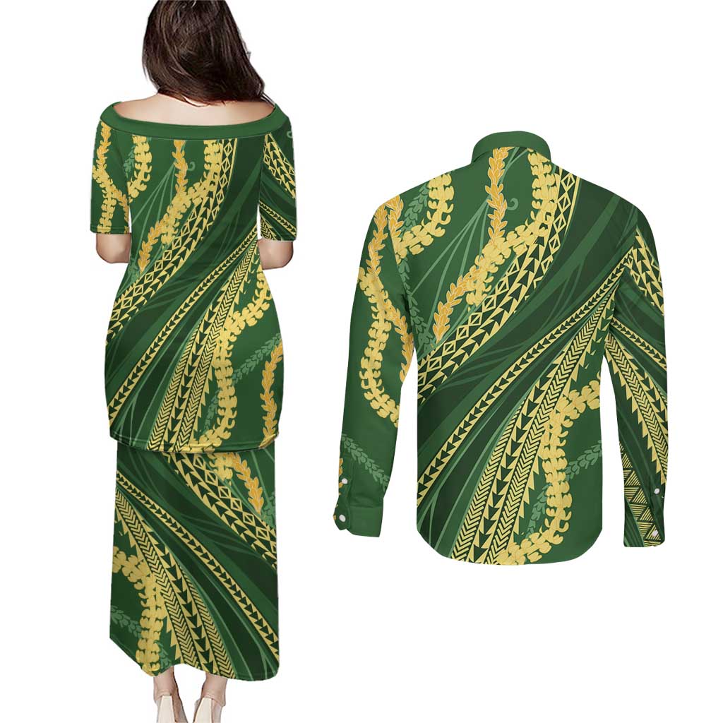 Polynesian Puakeniken Pikake Twisted Lei Couples Matching Puletasi and Long Sleeve Button Shirt Emerald LT7 - Polynesian Pride