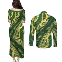 Polynesian Puakeniken Pikake Twisted Lei Couples Matching Puletasi and Long Sleeve Button Shirt Emerald LT7 - Polynesian Pride