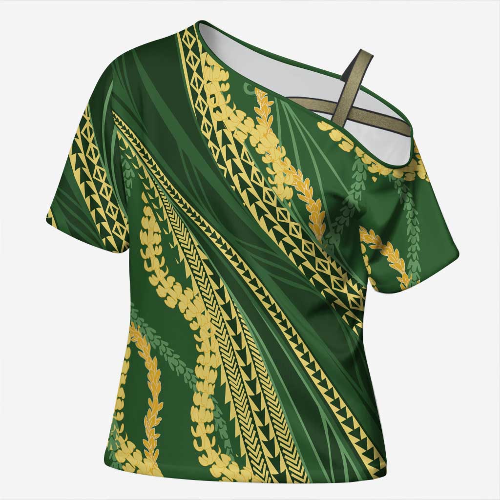 Polynesian Puakeniken Pikake Twisted Lei Cross Shoulder Shirt Emerald LT7 Female Emerald - Polynesian Pride