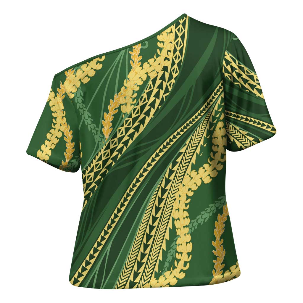 Polynesian Puakeniken Pikake Twisted Lei Cross Shoulder Shirt Emerald LT7 - Polynesian Pride